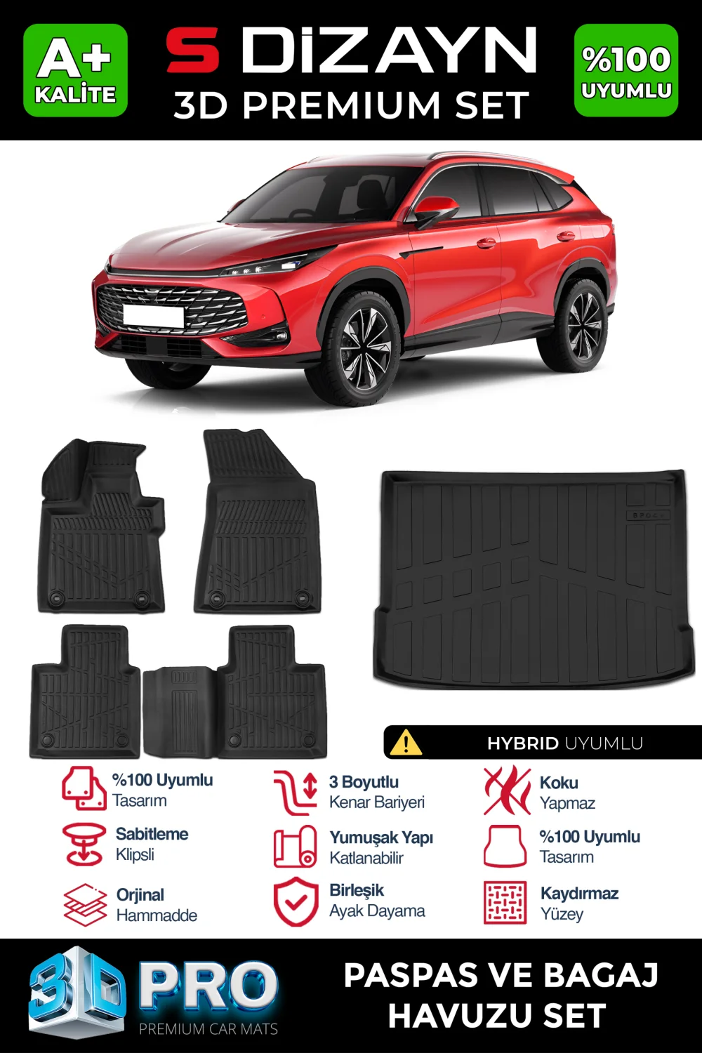 S-Dizayn MG HS Turbo Hybrid 3D Pro Havuzlu Paspas ve Bagaj Havuzu Seti (2'li SET) 2024 Üzeri A+ Kalite