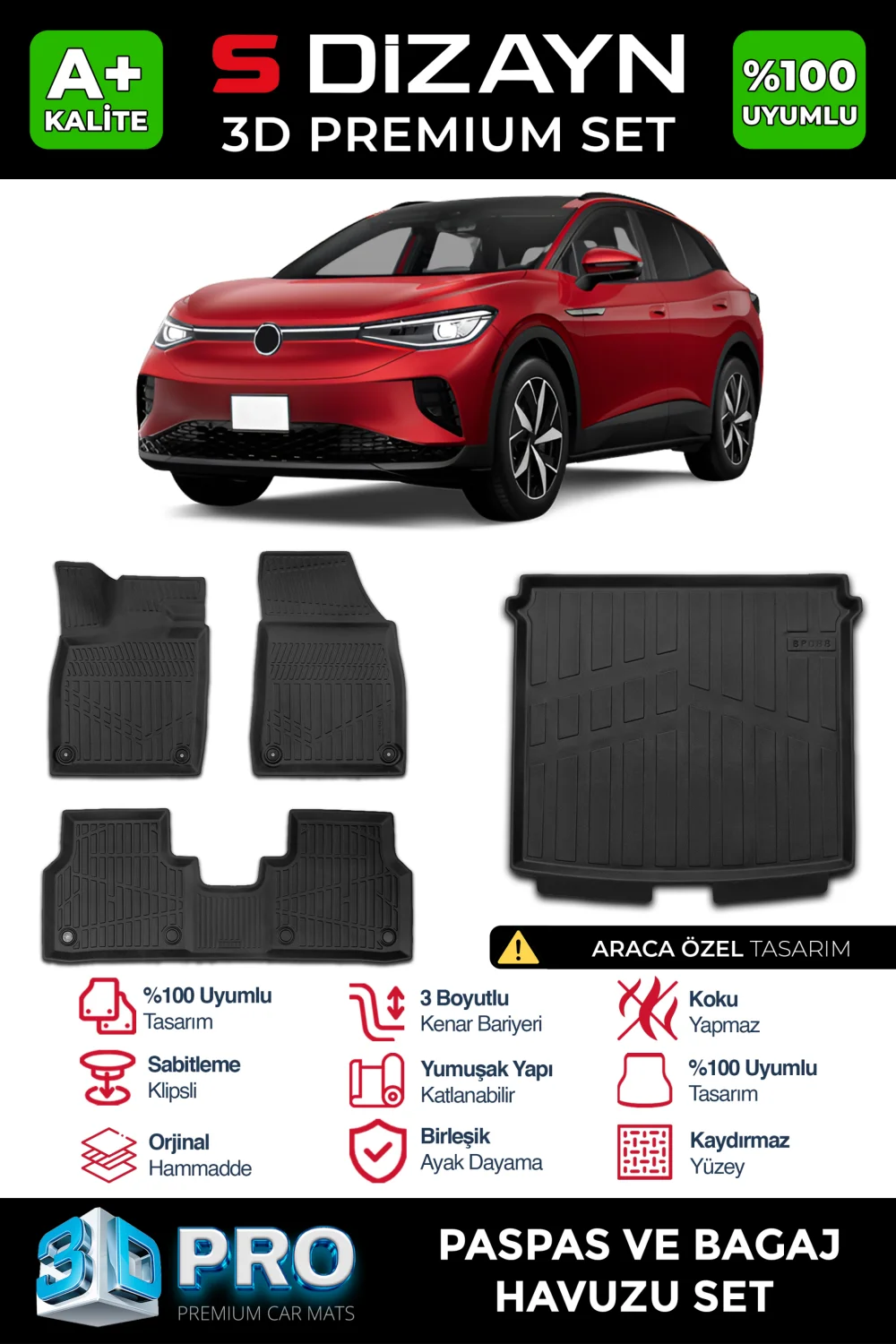 S-Dizayn VW ID4 3D Pro Paspas ve Bagaj Havuzu Seti (2'li SET)  2024 Üzeri A+ Kalite