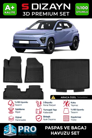 Hyundai Kona 2023-Günümüz (SX2) uyumlu Hyunda Elektrikli 3D Pro Havuzlu Paspas ve Bagaj Havuzu (2'li SET) 2024 Üzeri A+ Kalite modelleri DRS Tuning'de.