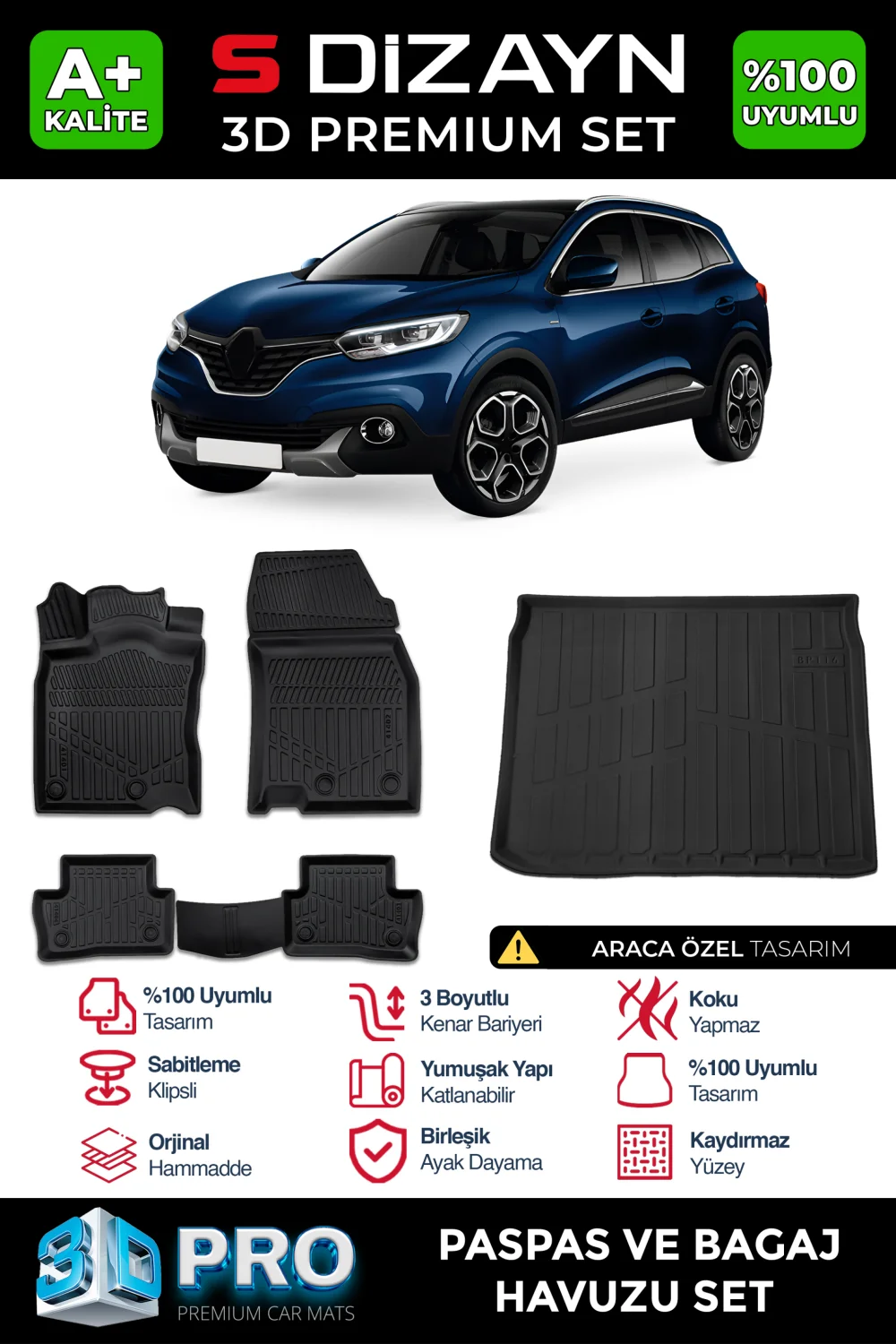 S-Dizayn Renault Kadjar 3D Pro Havuzlu Paspas ve Bagaj Havuzu Seti (2'li SET) 2015 Üzeri A+ Kalite