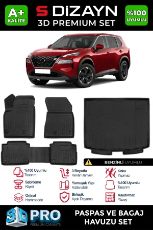 Nissan X-Trail 2021-Günümüz (T33) uyumlu Benzinli 3D Pro Havuzlu Paspas ve Bagaj Havuzu (2'li SET) 2022 Üzeri A+ Kalite modelleri DRS Tuning'de. Kaliteli
