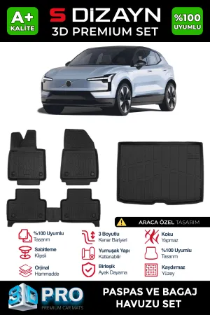 Volvo EX30 2023-Günümüz (EX30) uyumlu 3D Pro Havuzlu Paspas ve Bagaj Havuzu (2'li SET) 2025 Üzeri A+ Kalite modelleri DRS Tuning'de. Kaliteli malzeme, hızlı