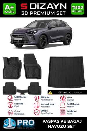 Cupra uyumlu Terramar 3D Pro Havuzlu Paspas ve Üst Bagaj Havuzu (2'li SET) 2024 Üzeri A+ Kalite modelleri Oto Aksesuar Shop'de. Kaliteli malzeme, hızlı kargo