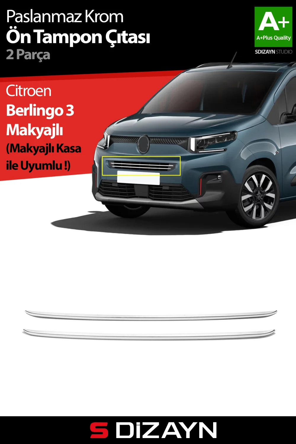 S-Dizayn Citroen Berlingo Makyajlı Krom Ön Tampon Çıtası 2 Prç 2024 Üzeri A+ Kalite