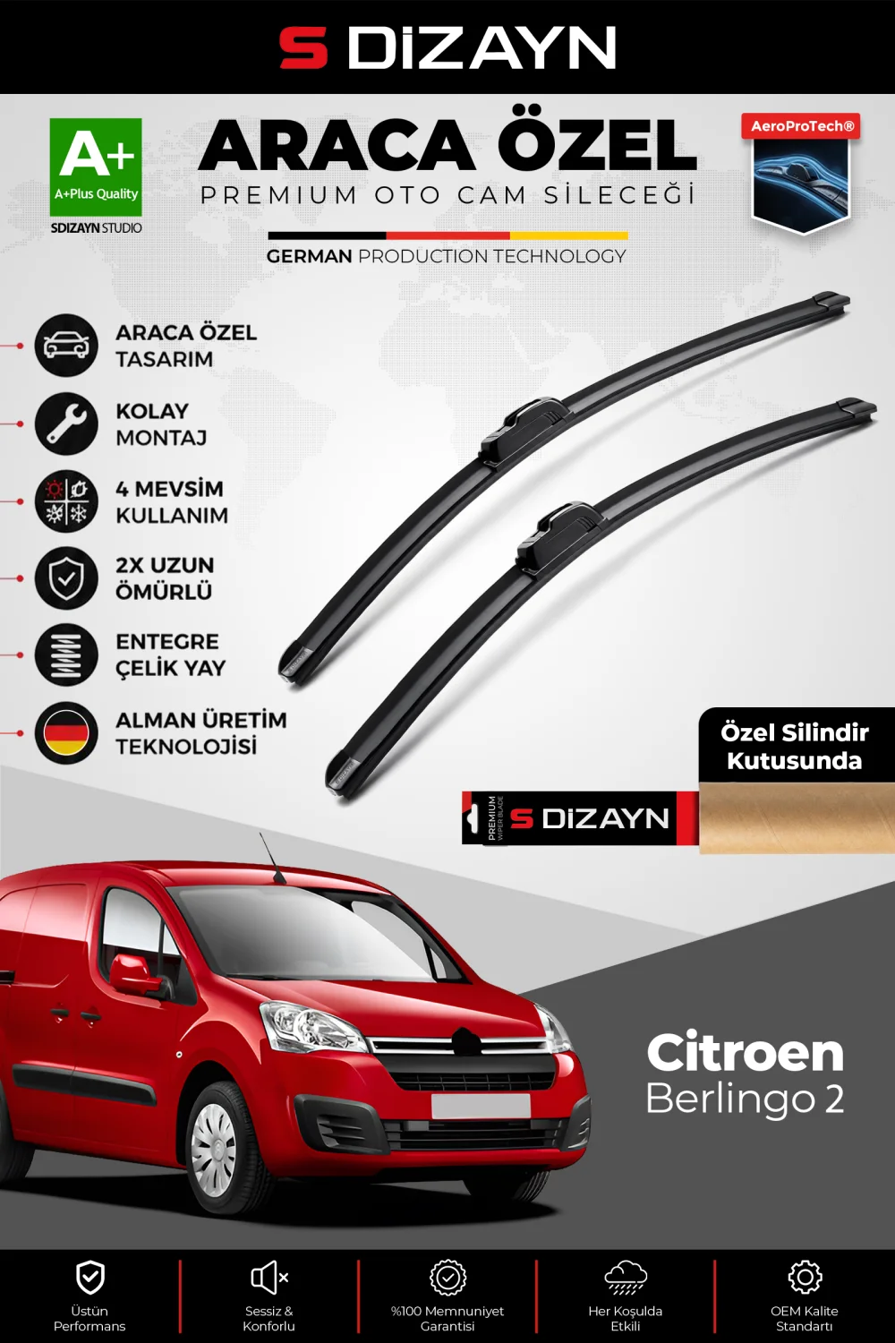 S-Dizayn Citroen Berlingo Ön Cam Silecek Seti 2008-2018 Premium Araca Özel 65-38 Cm  A+ Kalite