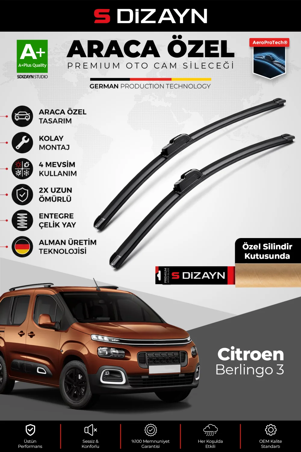 S-Dizayn Citroen Berlingo Ön Cam Silecek Seti 2018 Üzeri Premium Araca Özel 65-40 Cm  A+ Kalite