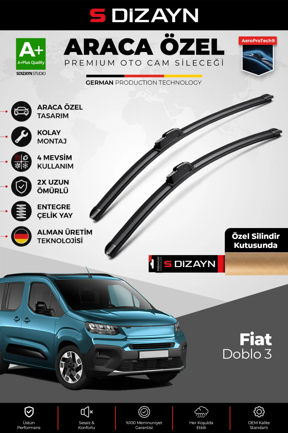 S-Dizayn Fiat Doblo 3 Ön Cam Silecek Seti 2023 Üzeri Premium Araca Özel 65-43 Cm  A+ Kalite