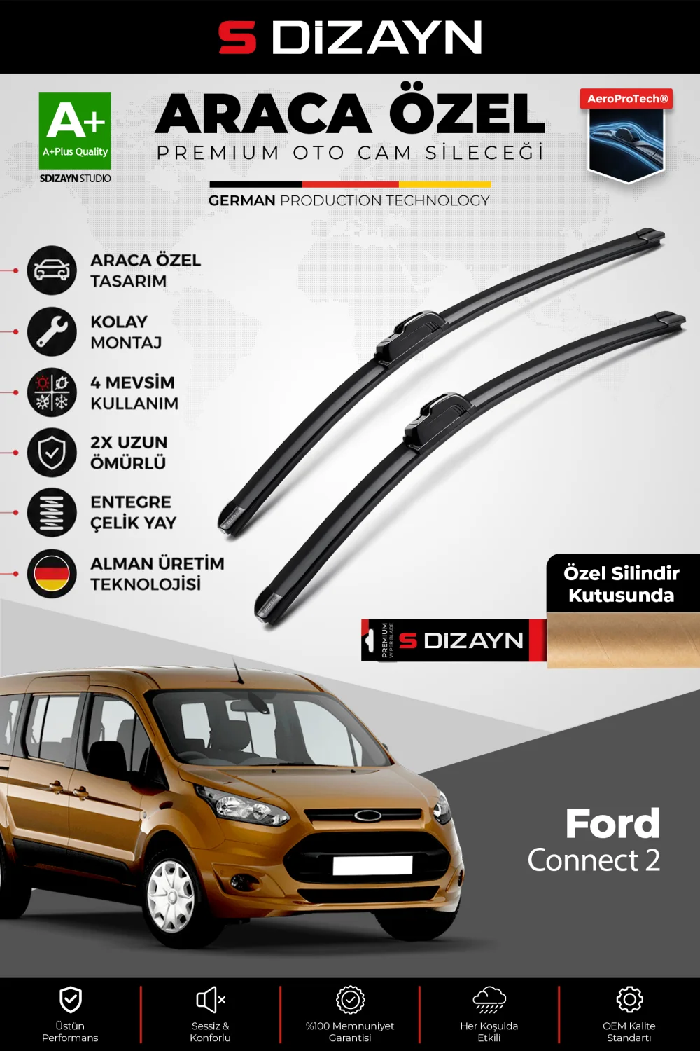 S-Dizayn Ford Connect 2 Ön Cam Silecek Seti 2014-2023 Premium Araca Özel 75-70 Cm  A+ Kalite