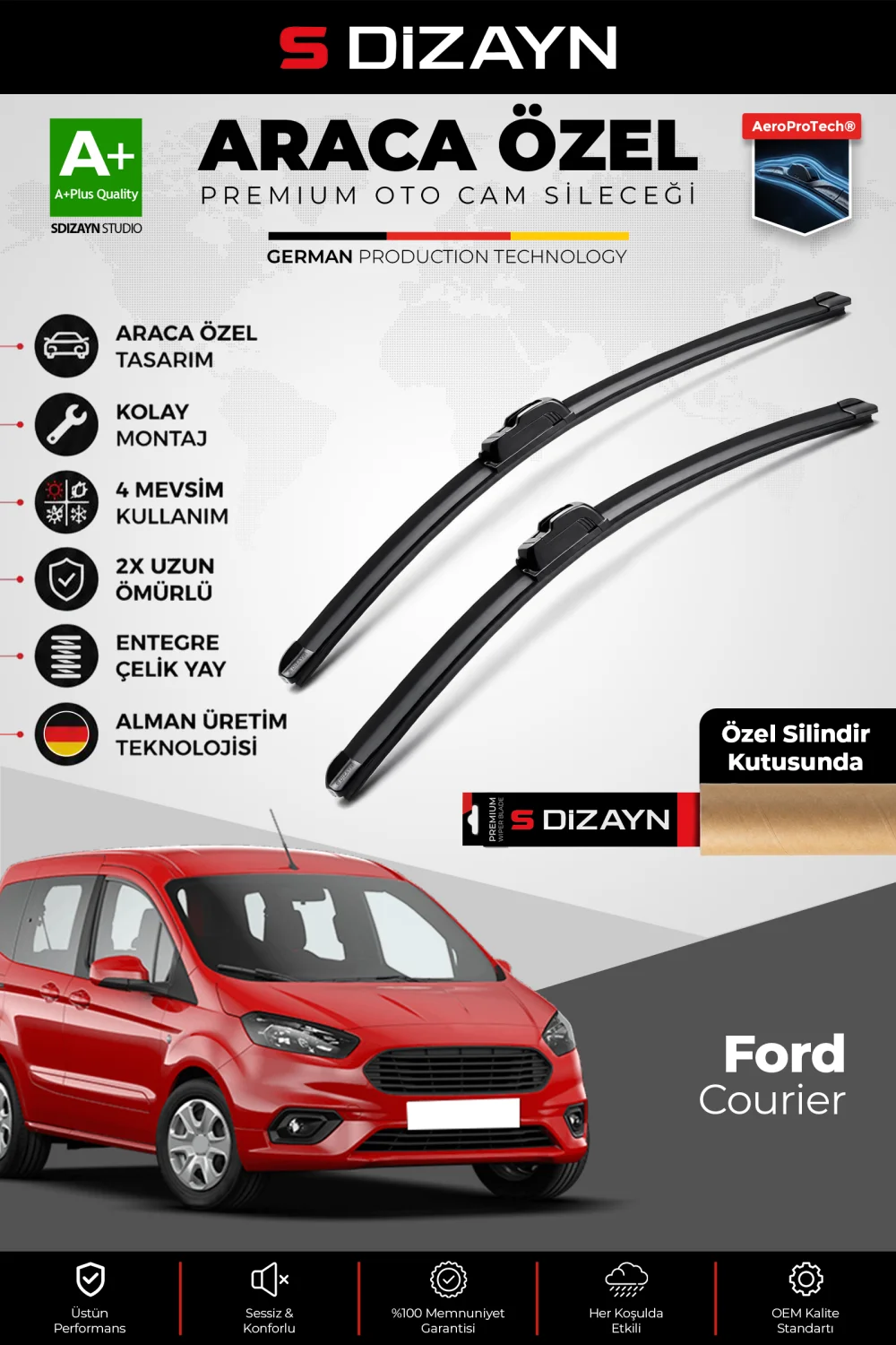 S-Dizayn Ford Courier Ön Cam Silecek Seti 2014-2023 Premium Araca Özel 70-40 Cm  A+ Kalite