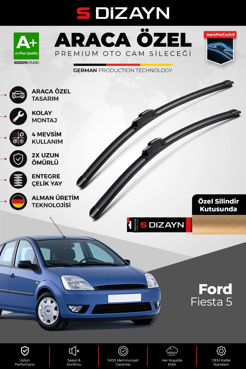 S-Dizayn Ford Fiesta Ön Cam Silecek Seti 2001-2008 Premium Araca Özel 55-40 Cm  A+ Kalite