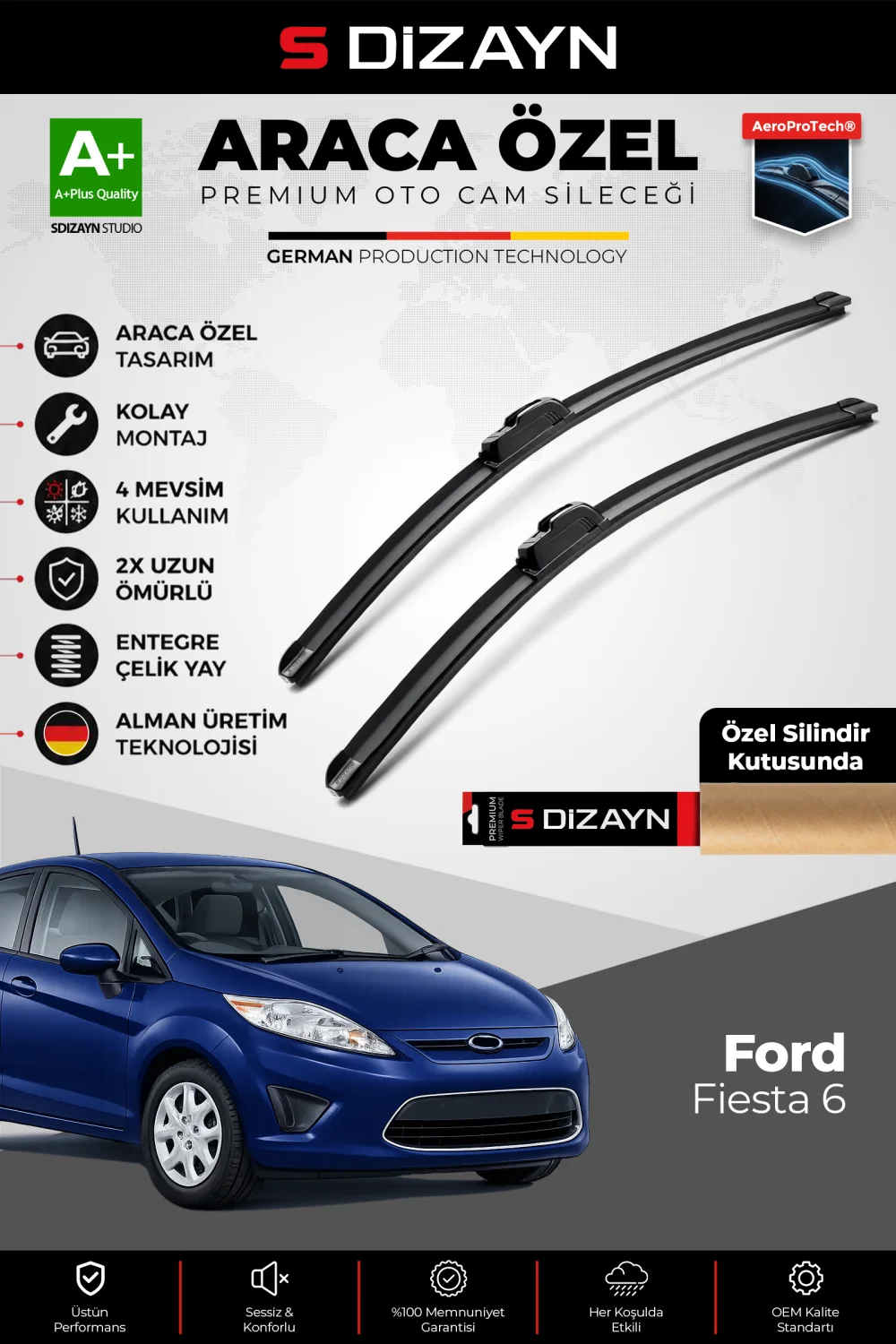 S-Dizayn Ford Fiesta Ön Cam Silecek Seti 2009-2017 Premium Araca Özel 65-40 Cm  A+ Kalite