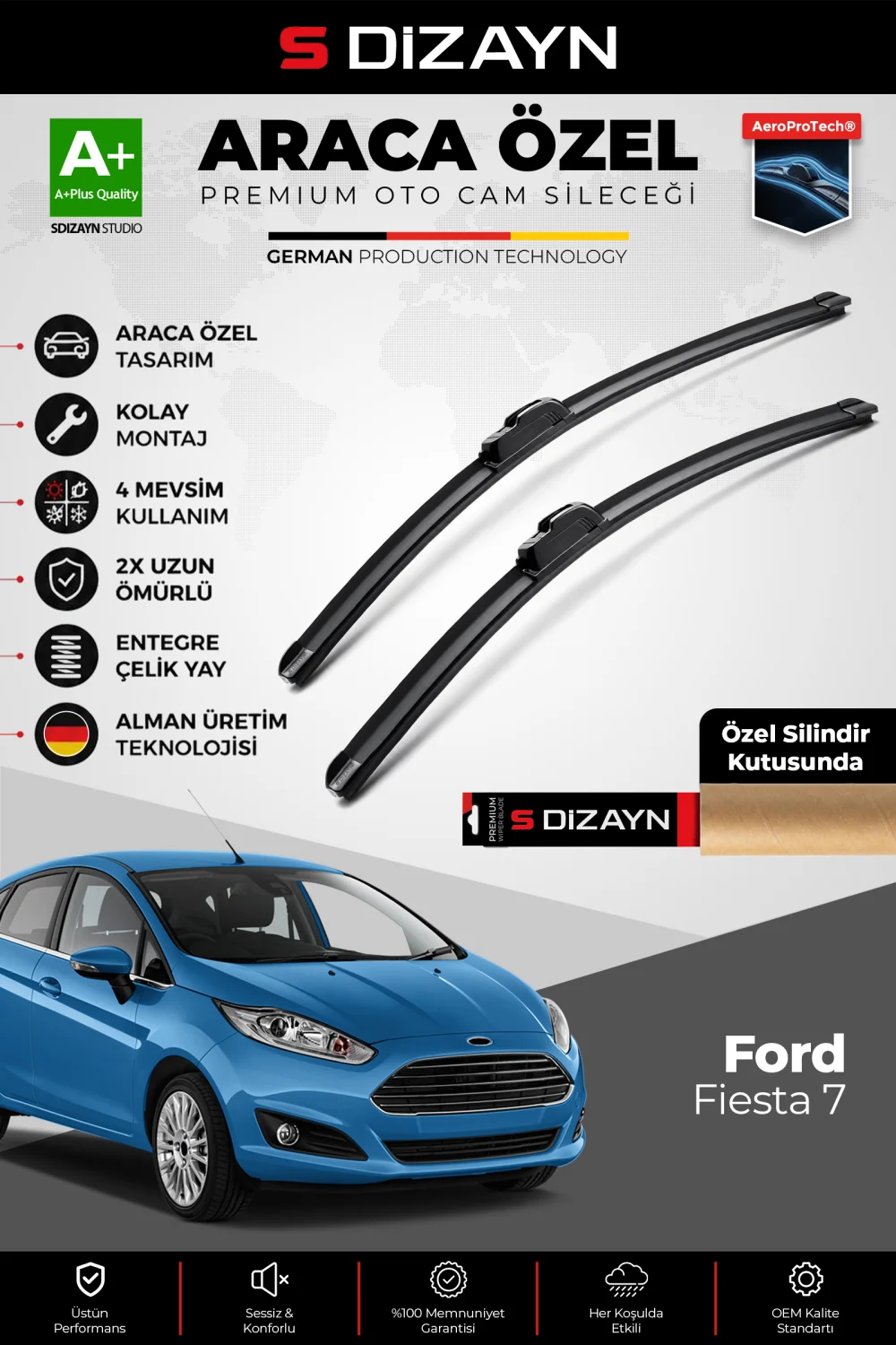 S-Dizayn Ford Fiesta Ön Cam Silecek Seti 2017-2023 Premium Araca Özel 70-35 Cm  A+ Kalite