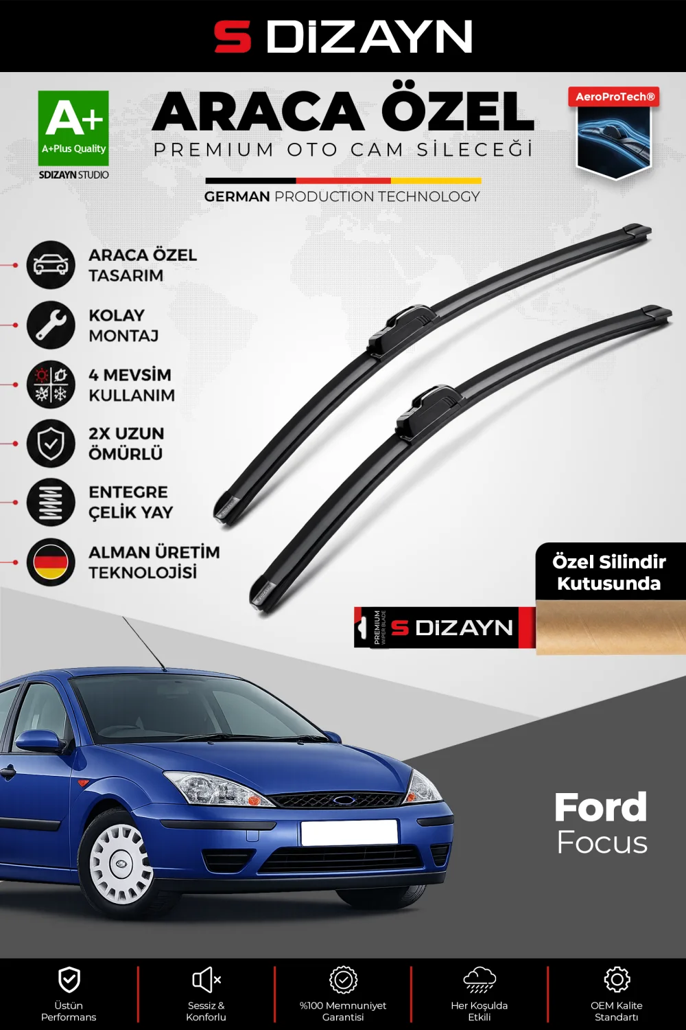 S-Dizayn Ford Focus 1 Ön Cam Silecek Seti 1998-2004 Premium Araca Özel 55-48 Cm  A+ Kalite