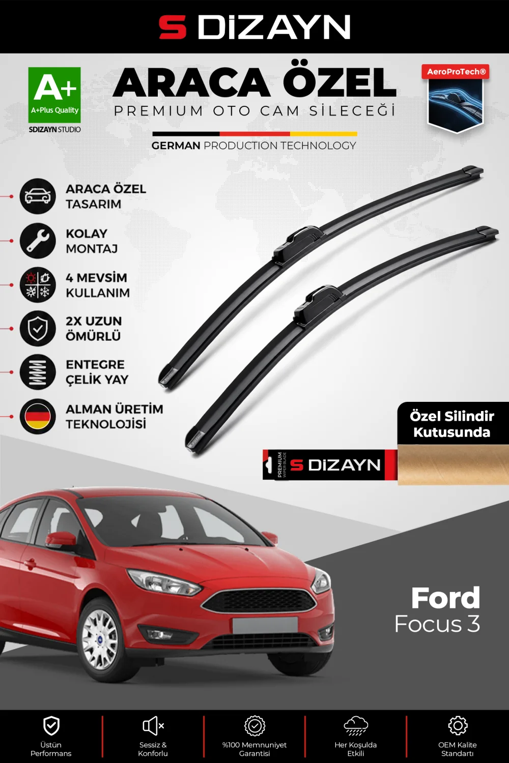 S-Dizayn Ford Focus 3 Ön Cam Silecek Seti 2011-2019 Premium Araca Özel 70-70 Cm  A+ Kalite