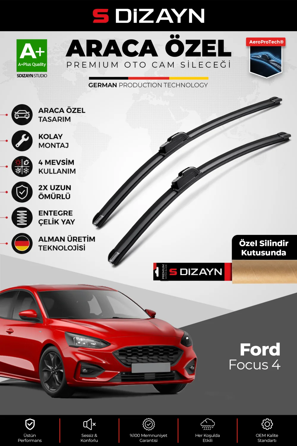 S-Dizayn Ford Focus 4 Ön Cam Silecek Seti 2019 Üzeri Premium Araca Özel 65-50 Cm  A+ Kalite