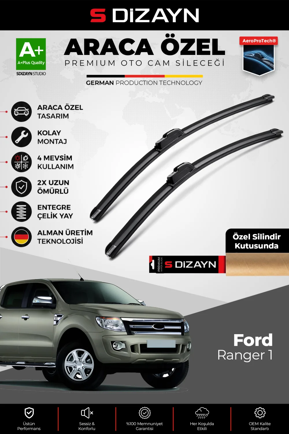 S-Dizayn Ford Ranger Ön Cam Silecek Seti 2011-2015 Premium Araca Özel 60-40 Cm  A+ Kalite