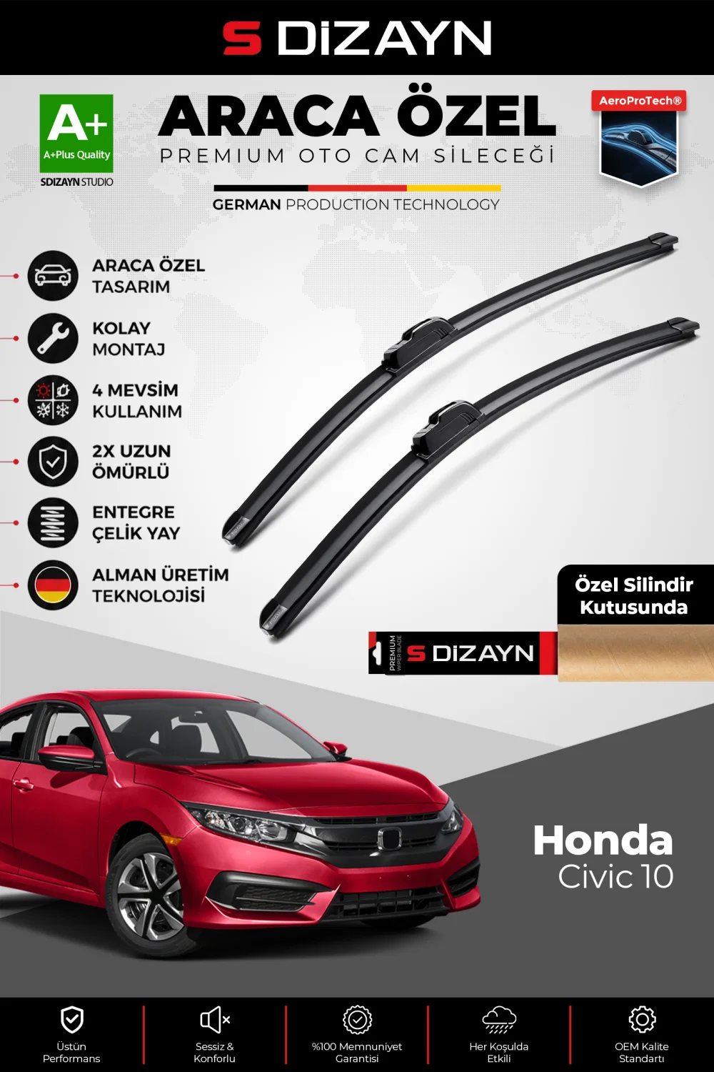 Honda Civic 10 Ön Cam Silecek Seti 2015-2021 Premium Araca Özel 65-45 Cm  A+ Kalite