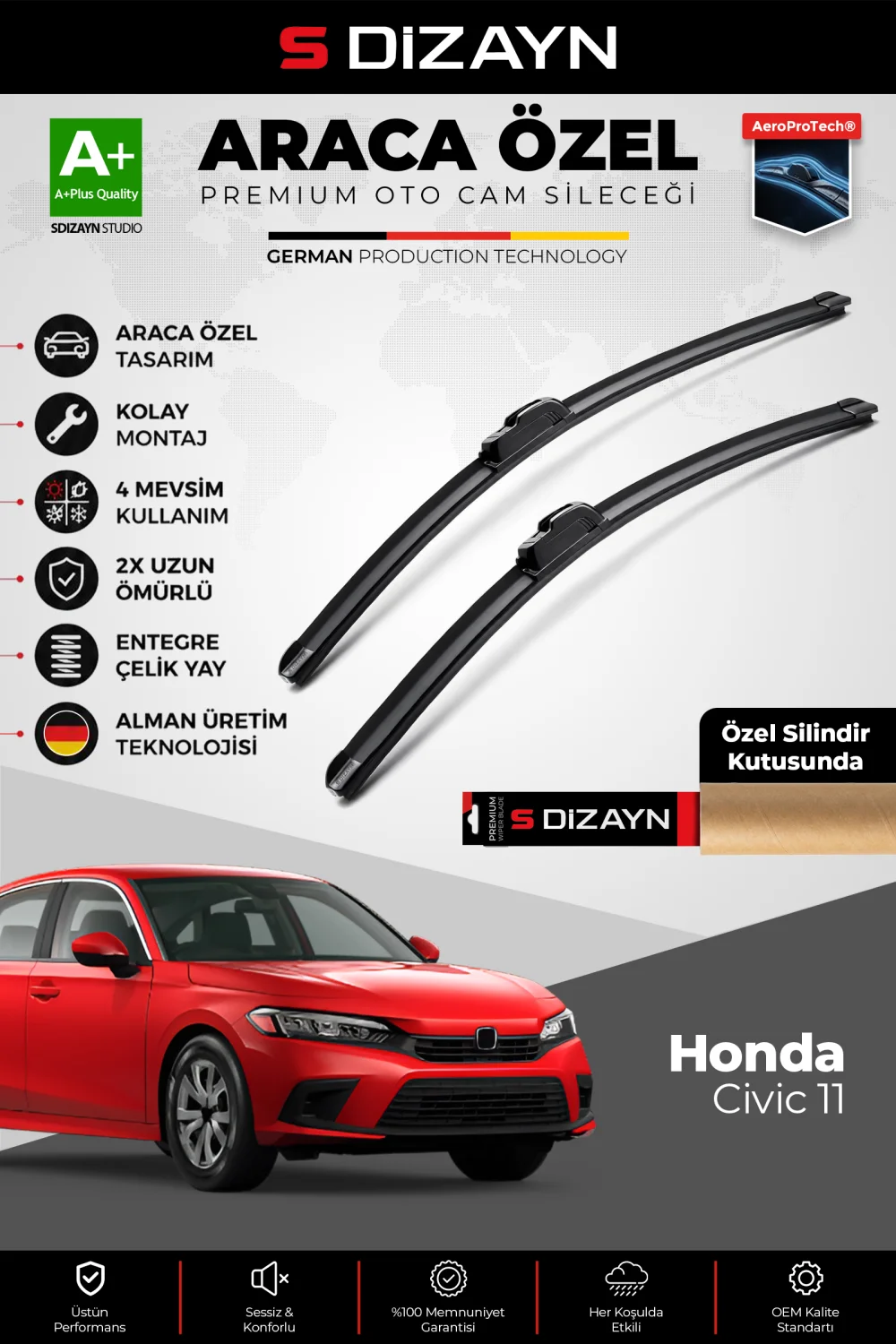 S-Dizayn Honda Civic 11 Ön Cam Silecek Seti 2021 Üzeri Premium Araca Özel 60-48 Cm  A+ Kalite