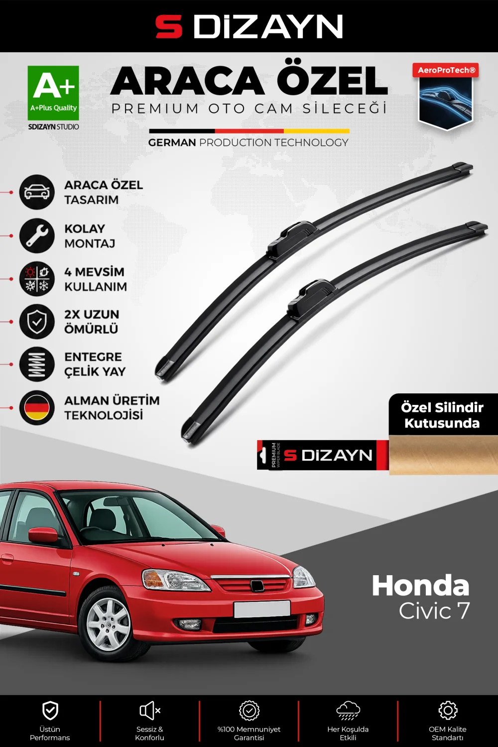 S-Dizayn Honda Civic 7 Ön Cam Silecek Seti 2001-2006 Premium Araca Özel 60-38 Cm  A+ Kalite