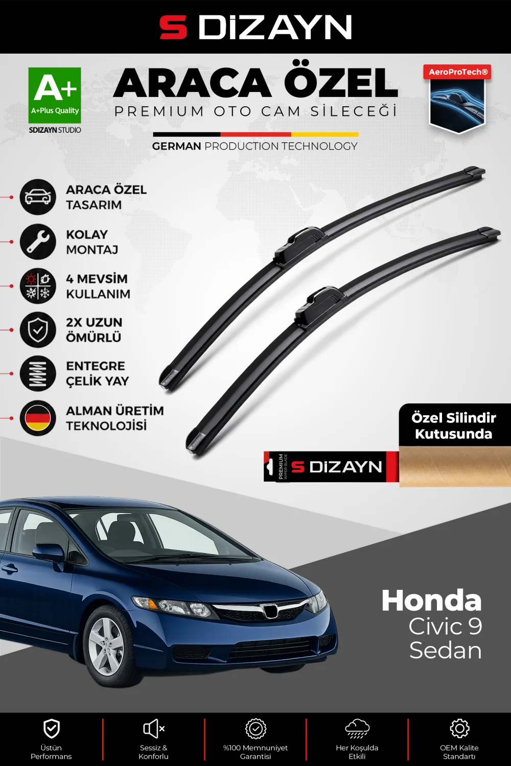 Honda Civic 9 Sedan Ön Cam Silecek Seti 2012-2015 Premium Araca Özel 65-55 Cm  A+ Kalite
