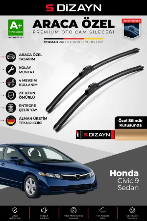 S-Dizayn Honda Civic 9 Sedan Ön Cam Silecek Seti 2012-2015 Premium Araca Özel 65-55 Cm  A+ Kalite