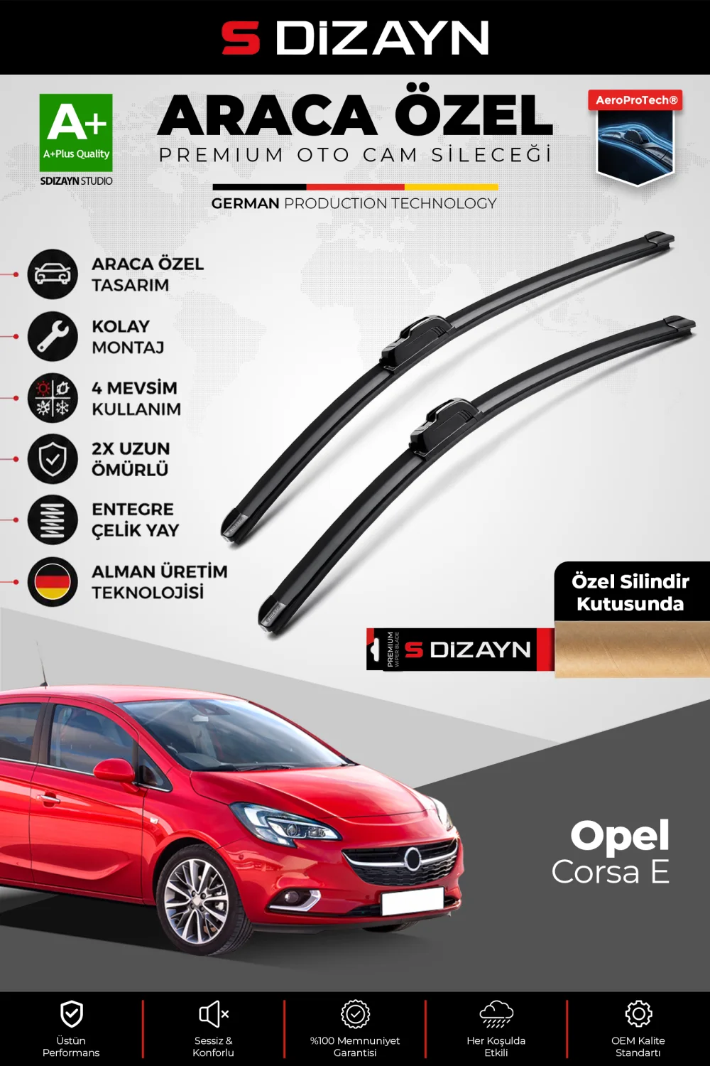 S-Dizayn Opel Corsa E Ön Cam Silecek Seti 2014-2019 Premium Araca Özel 65-40 Cm  A+ Kalite