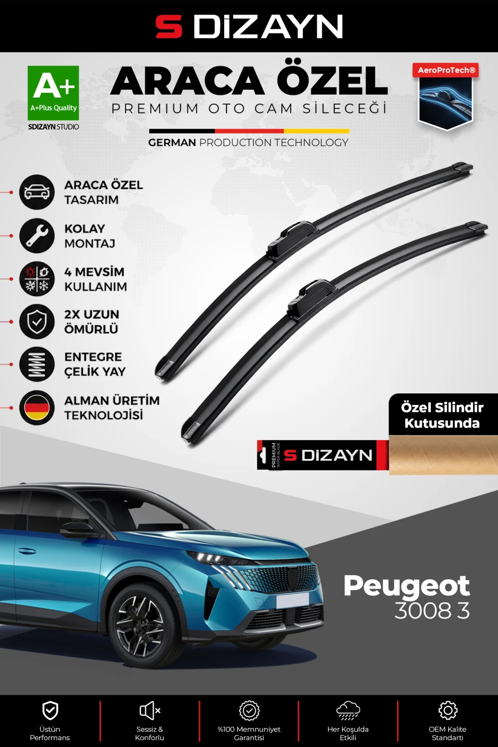 S-Dizayn Peugeot 3008 3 Ön Cam Silecek Seti 2023 Üzeri Premium Araca Özel 70-40 Cm  A+ Kalite