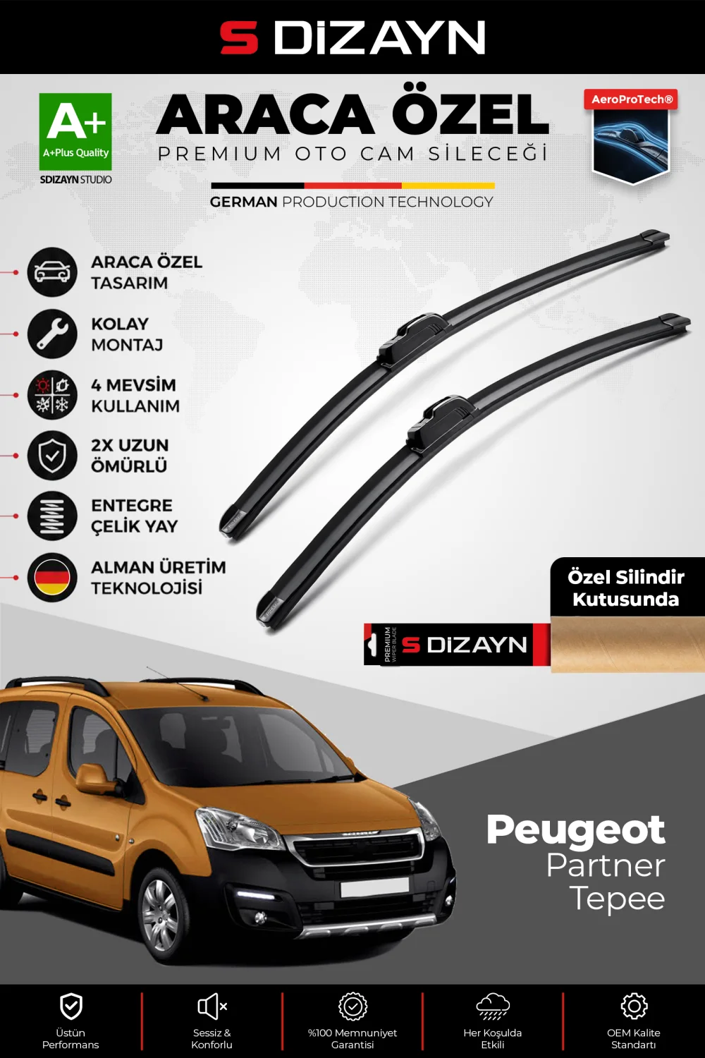 S-Dizayn Peugeot Partner Tepee Ön Cam Silecek Seti 2008-2018 Premium Araca Özel 65-38 Cm  A+ Kalite