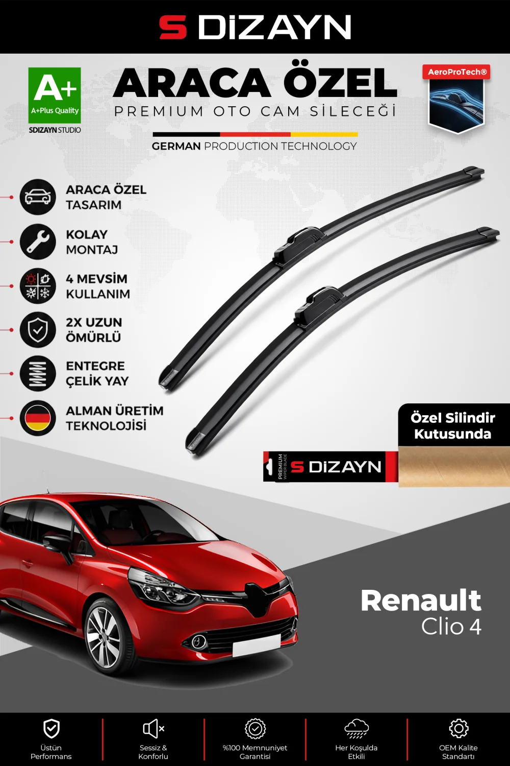 S-Dizayn Renault Clio 4 HB Ön Cam Silecek Seti 2012-2019 Premium Araca Özel 65-35 Cm  A+ Kalite
