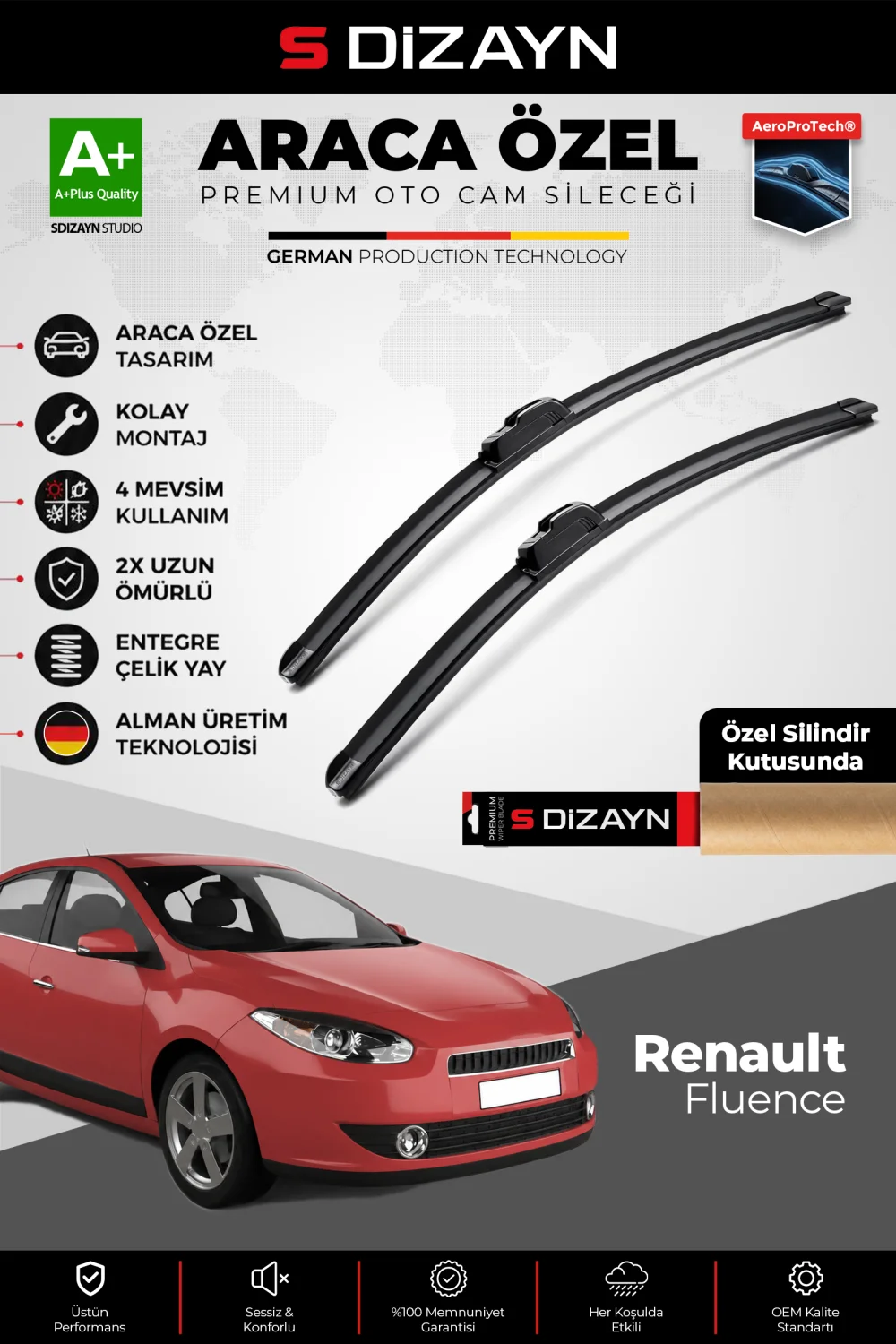 S-Dizayn Renault Fluence Ön Cam Silecek Seti 2010-2016 Premium Araca Özel 60-40 Cm  A+ Kalite
