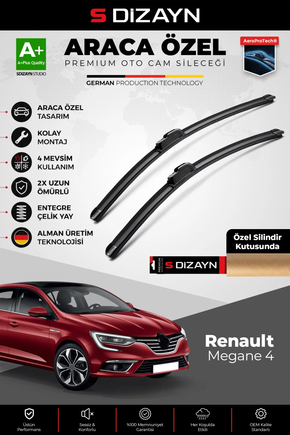 S-Dizayn Renault Megane 4 Ön Cam Silecek Seti 2016 Üzeri Premium Araca Özel 60-45 Cm  A+ Kalite