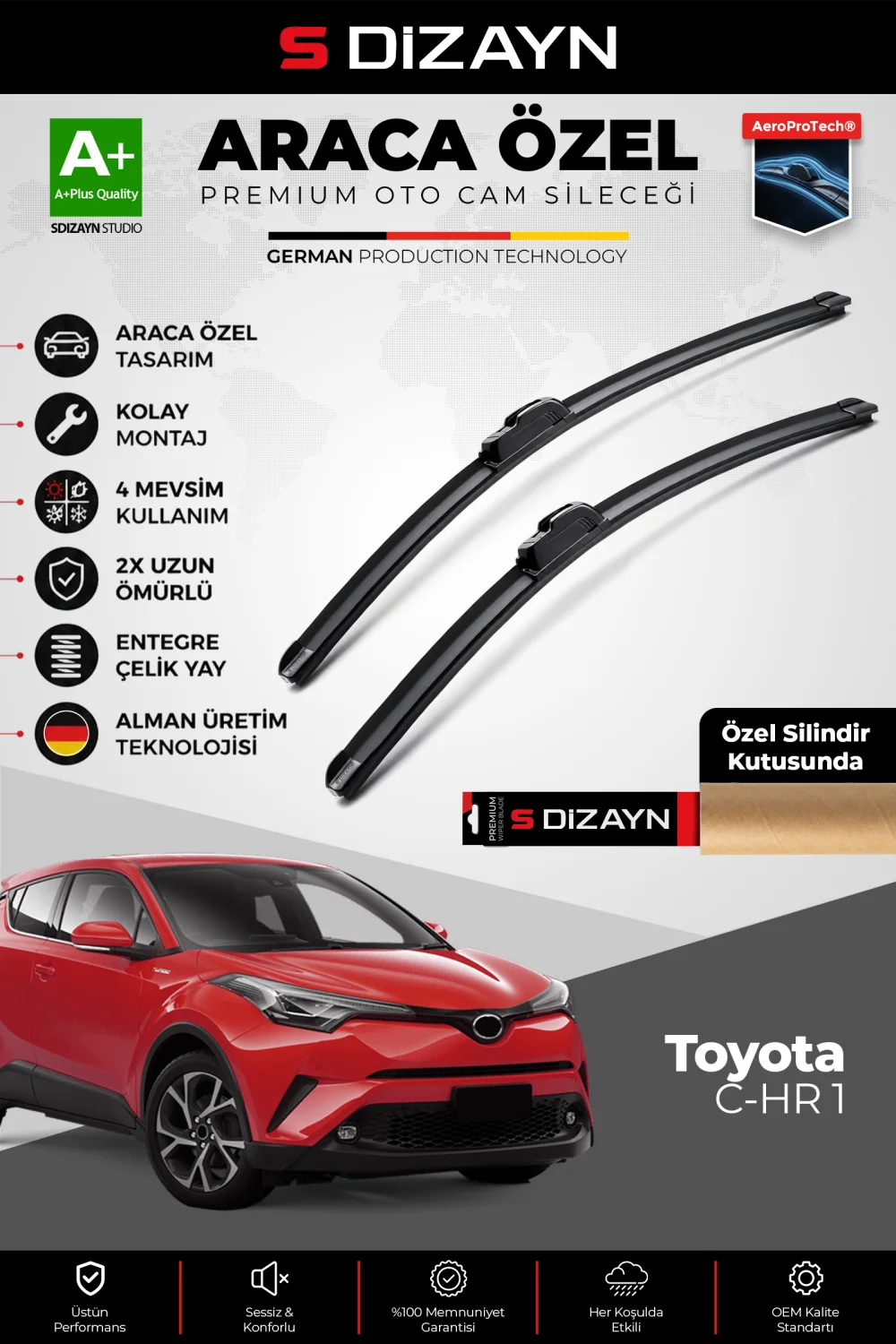 S-Dizayn Toyota C-HR Ön Cam Silecek Seti 2016-2023 Premium Araca Özel 65-40 Cm  A+ Kalite