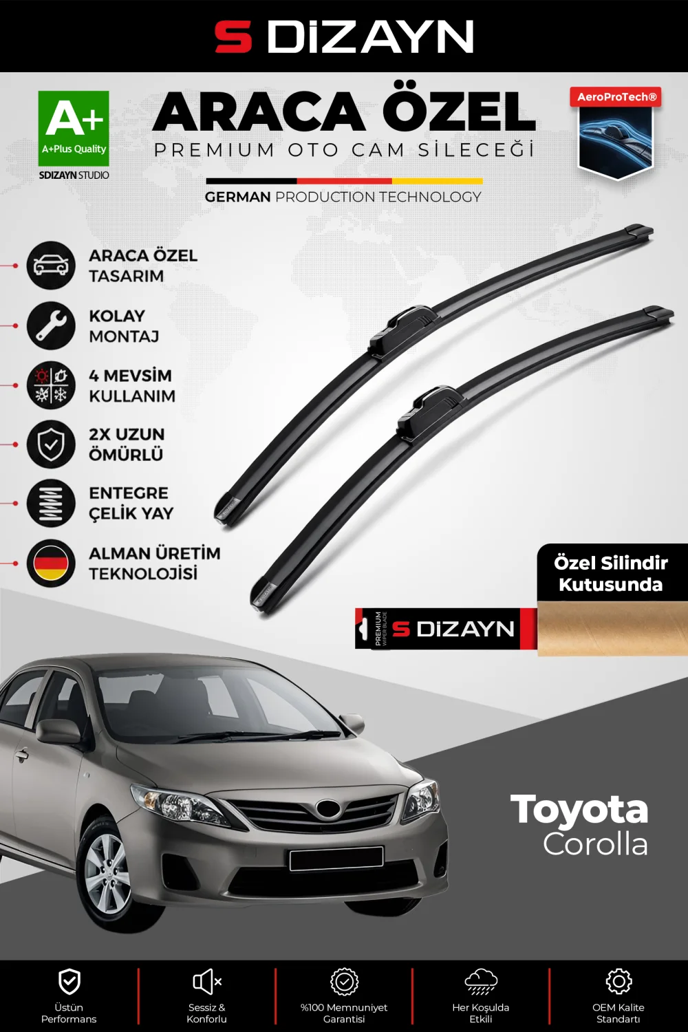 S-Dizayn Toyota Corolla Ön Cam Silecek Seti 2006-2012 Premium Araca Özel 65-35 Cm  A+ Kalite