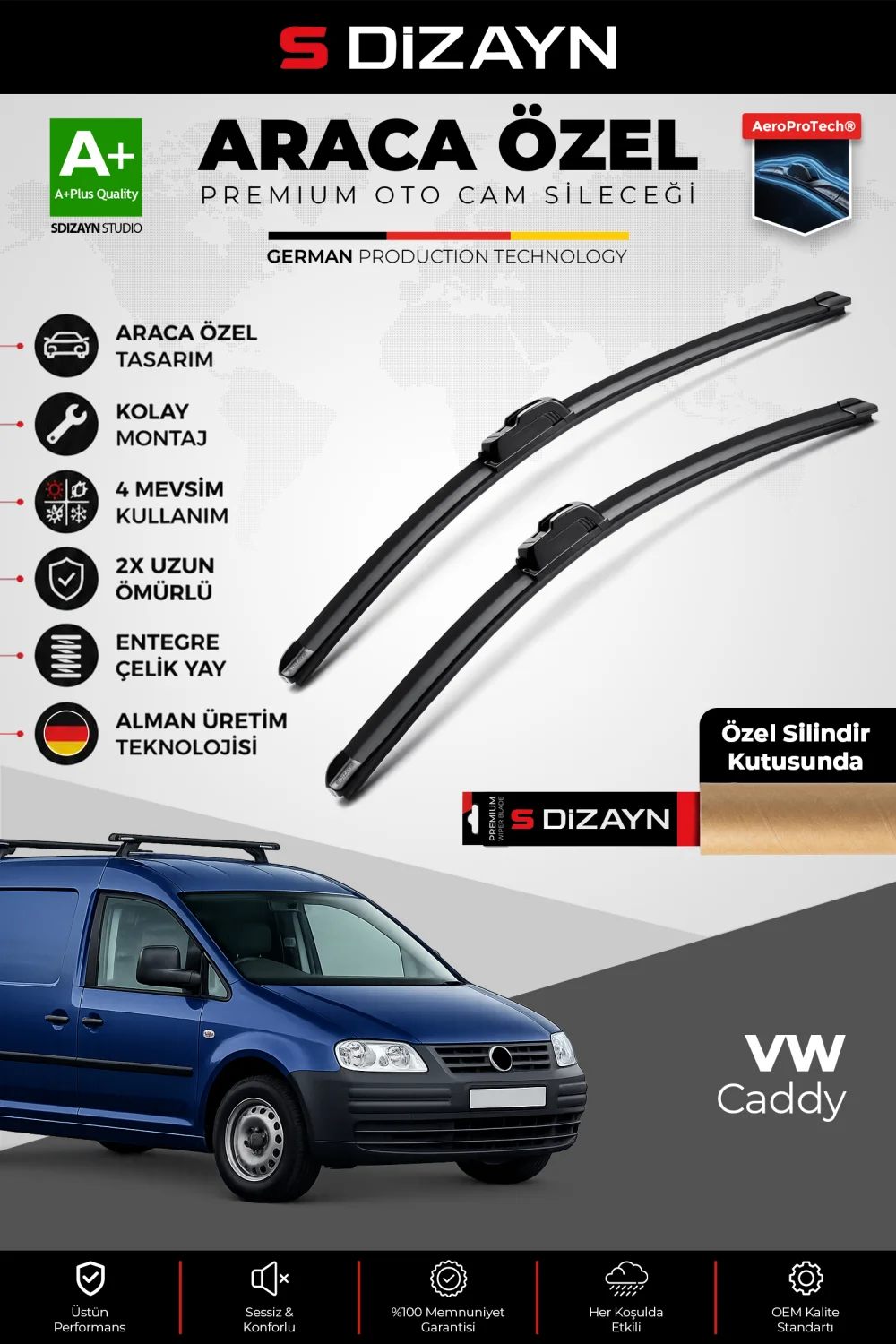 S-Dizayn VW Caddy Ön Cam Silecek Seti 2004-2006 Premium Araca Özel 60-45 Cm  A+ Kalite