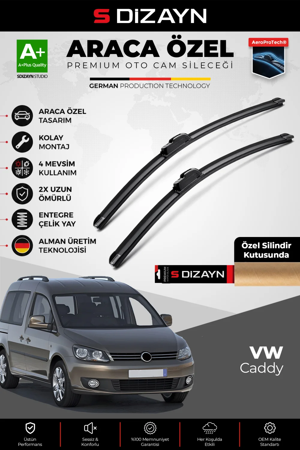 S-Dizayn VW Caddy Ön Cam Silecek Seti 2006-2015 Premium Araca Özel 60-45 Cm  A+ Kalite