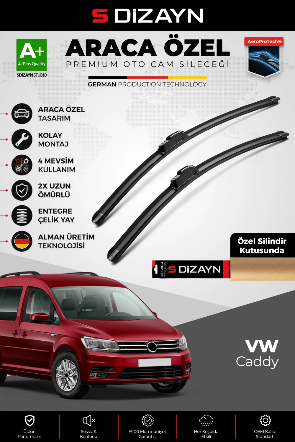 S-Dizayn VW Caddy 3 Ön Cam Silecek Seti 2015-2020 Premium Araca Özel 60-45 Cm  A+ Kalite