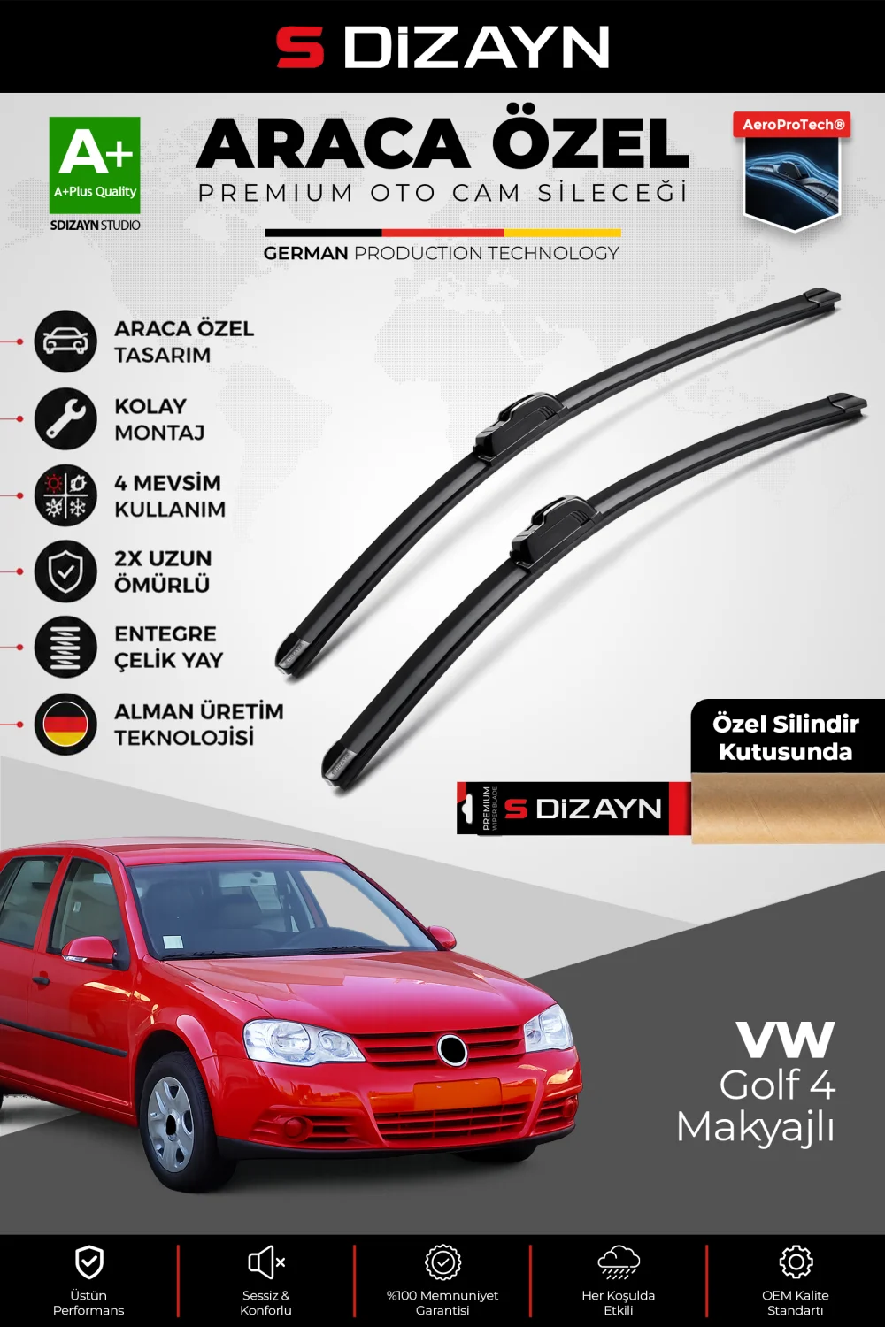 S-Dizayn VW Golf 4 Makyajlı Ön Cam Silecek Seti 2002-2004 Premium Araca Özel 53-48 Cm  A+ Kalite