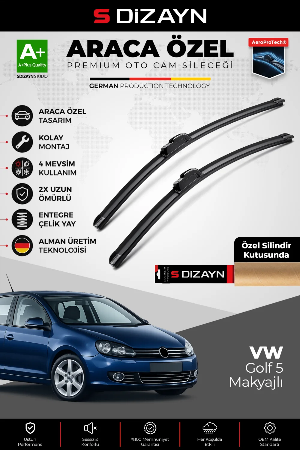 S-Dizayn VW Golf 5 Makyajlı Ön Cam Silecek Seti 2005-2008 Premium Araca Özel 60-48 Cm  A+ Kalite