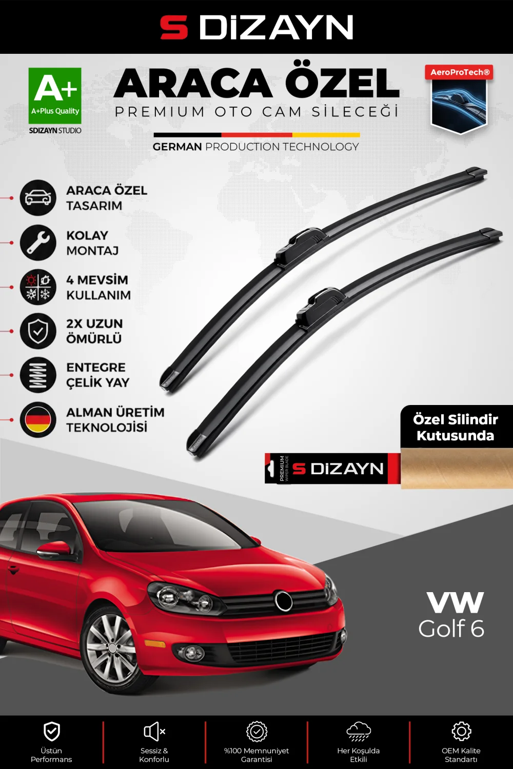S-Dizayn VW Golf 6 Ön Cam Silecek Seti 2008-2012 Premium Araca Özel 60-48 Cm  A+ Kalite