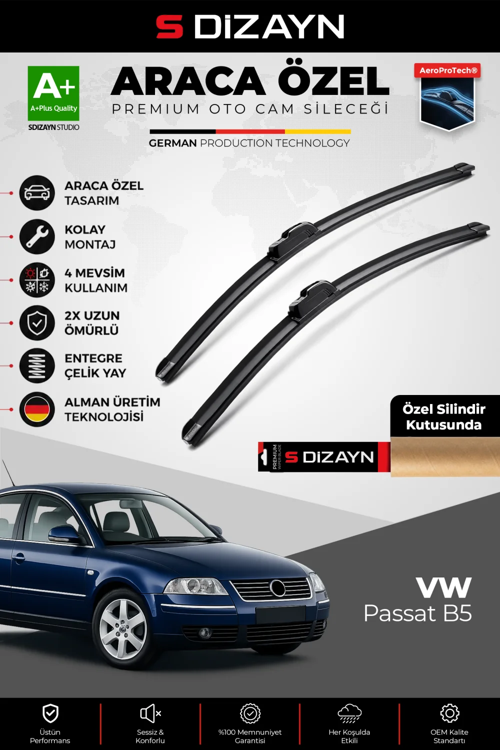 S-Dizayn VW Passat B5 Ön Cam Silecek Seti 1996-2005 Premium Araca Özel 53-50 Cm  A+ Kalite