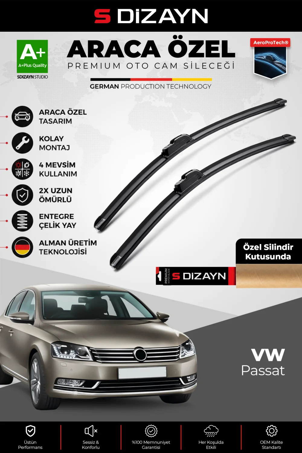 S-Dizayn VW Passat B7 Ön Cam Silecek Seti 2010-2014 Premium Araca Özel 60-48 Cm  A+ Kalite