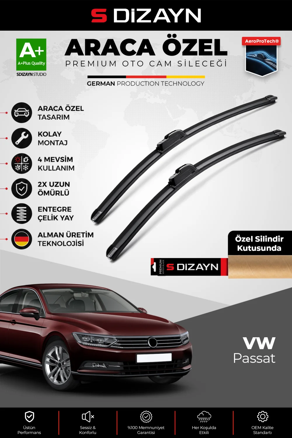 S-Dizayn VW Passat B8 Ön Cam Silecek Seti 2015-2024 Premium Araca Özel 65-48 Cm  A+ Kalite
