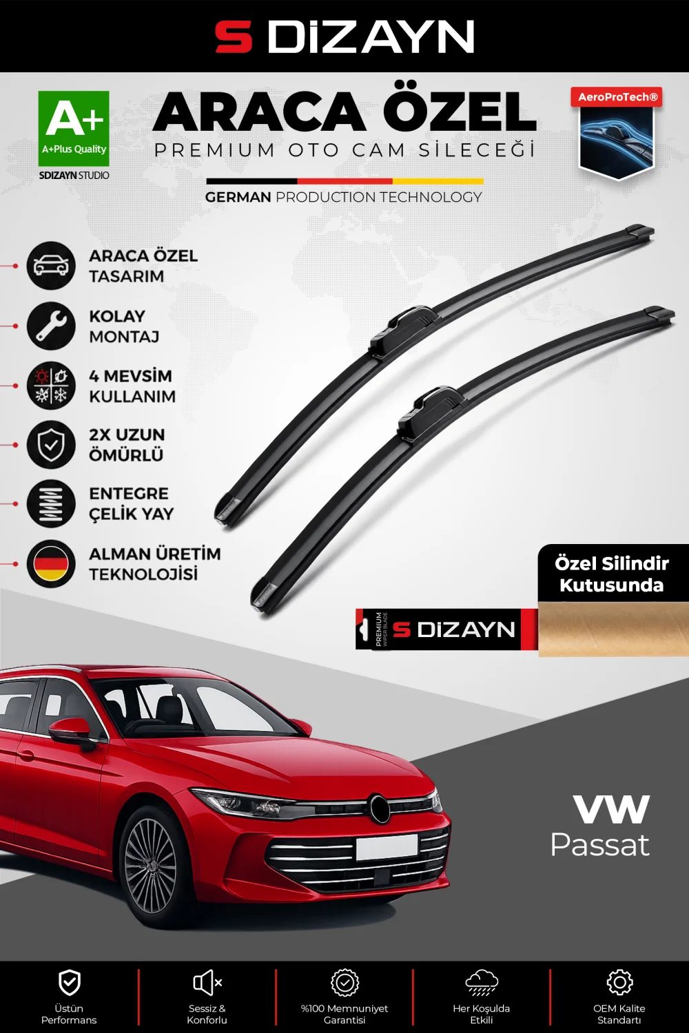 S-Dizayn VW Passat B9 Ön Cam Silecek Seti 2024 Üzeri Premium Araca Özel 65-45 Cm  A+ Kalite