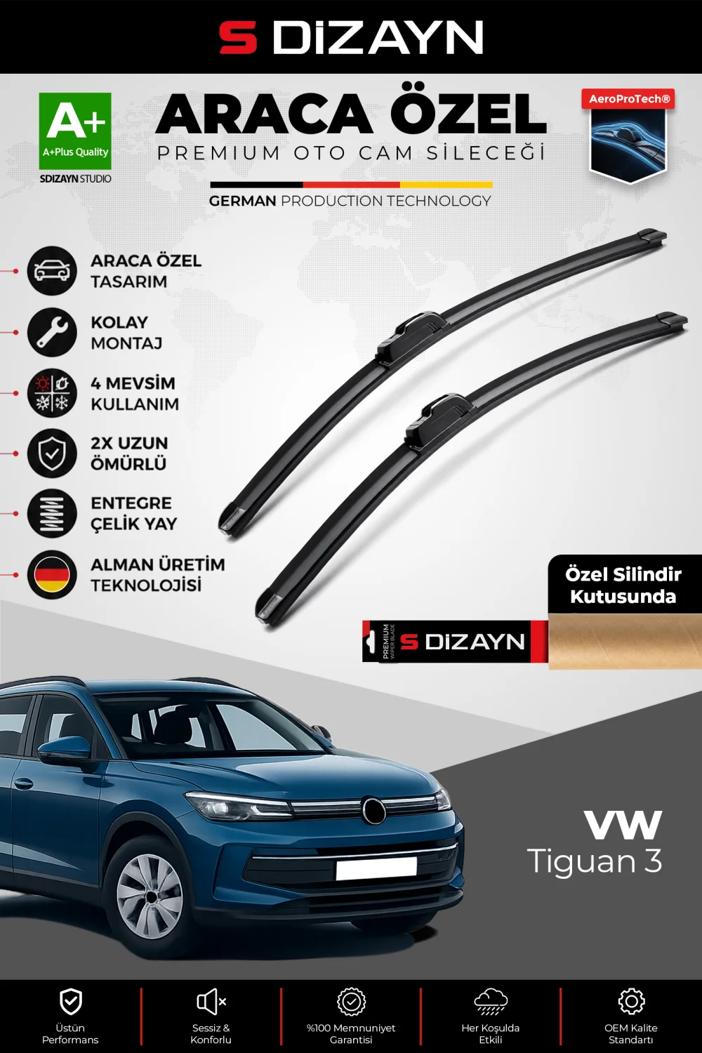 S-Dizayn VW Tiguan 3 Ön Cam Silecek Seti 2024 Üzeri Premium Araca Özel 65-53 Cm  A+ Kalite