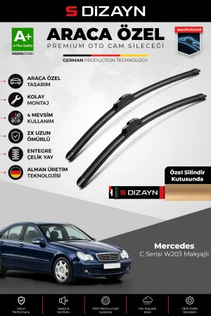 S-Dizayn Mercedes-Benz C Serisi W203 Makyajlı Ön Cam Silecek Seti 2003-2007 Premium Araca Özel 55-55 Cm A+ Kalite