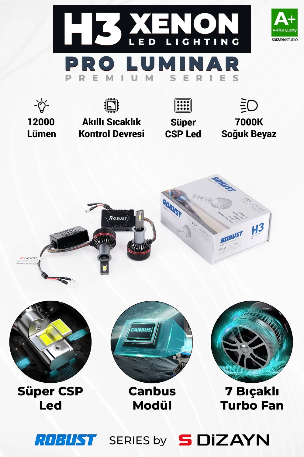 S-Dizayn Pro Luminar H3 Led Xenon / 60W / 12000LM / 7000K A+ Kalite