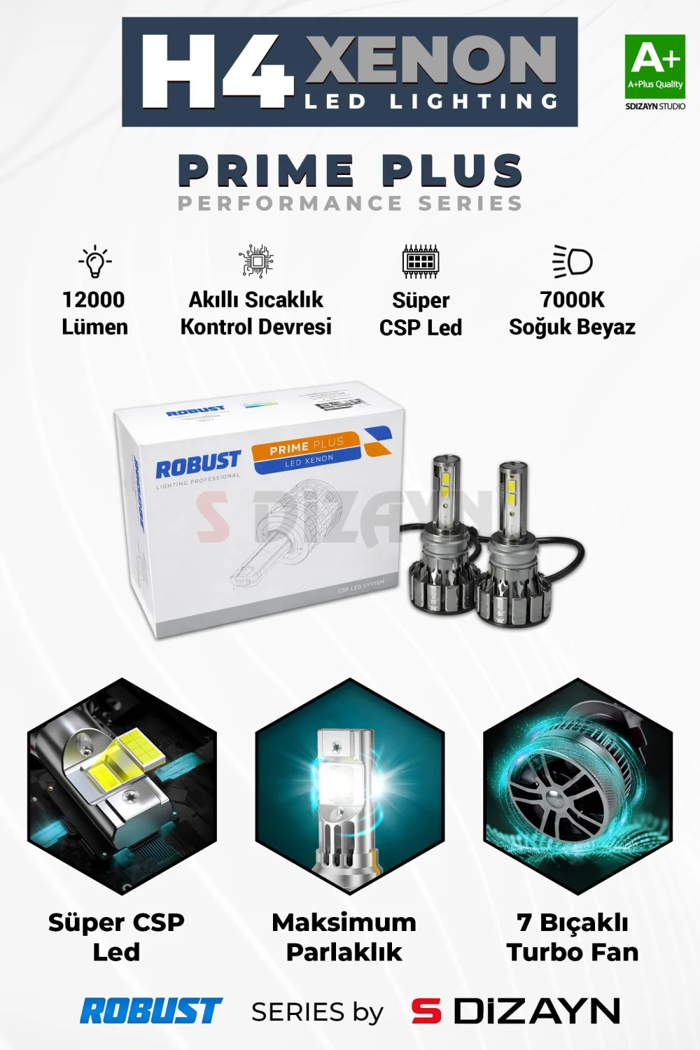 S-Dizayn Prime Plus H4 Led Xenon / 45W / 7000K A+ Kalite