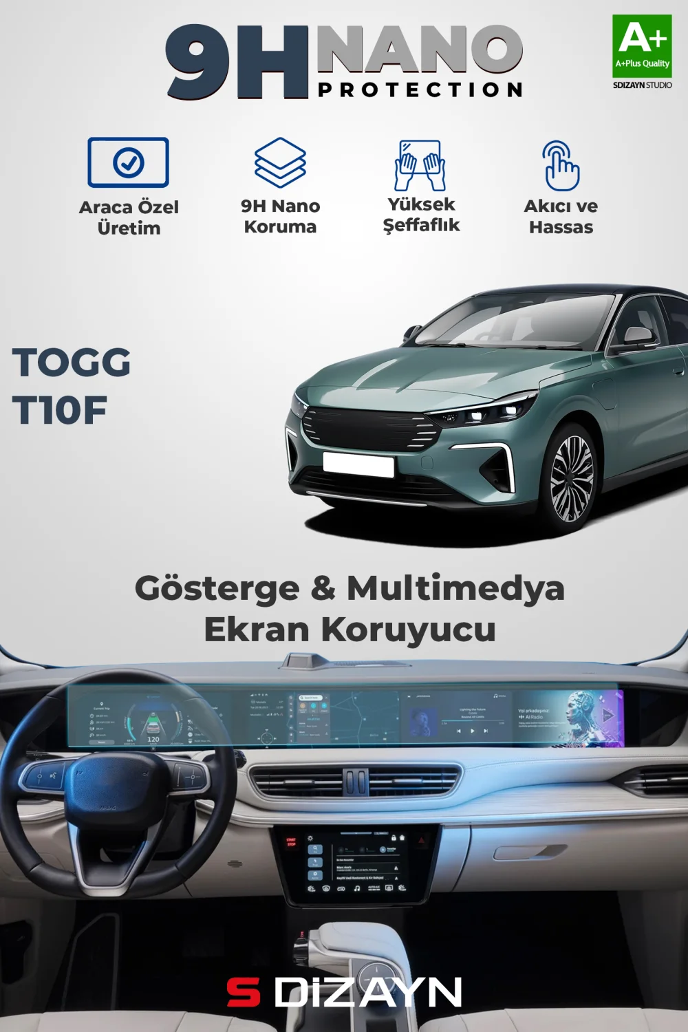 S-Dizayn Togg T10F 9H Nano Gösterge & Multimedya Ekran Koruyucu 2'Li Set (PARLAK) 2025 Üzeri A+ Kalite