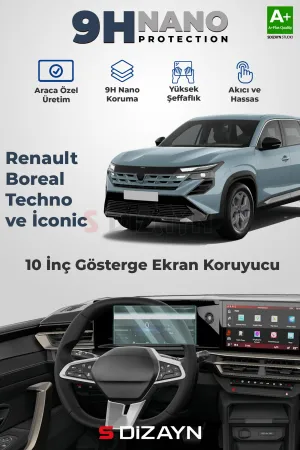 S-Dizayn Renault Boreal Techno ve İconic 10 İnç 9H Nano Gösterge Ekran Koruyucu (PARLAK) 2025 Üzeri A+ Kalite