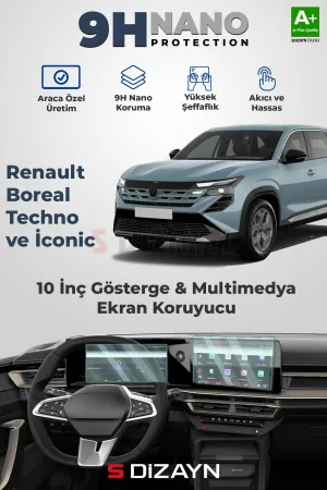 S-Dizayn Renault Boreal Techno ve İconic 9H Nano 10 İnç Gösterge ve Multimedya Ekran Koruyucu 2'Li Set (PARLAK) 2025 Üzeri A+ Kalite